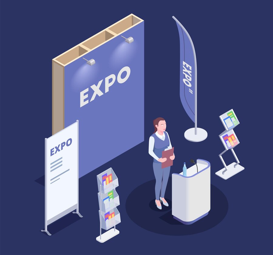 woman-promoting-goods-near-expo-stand-isometric-composition_1284-55510